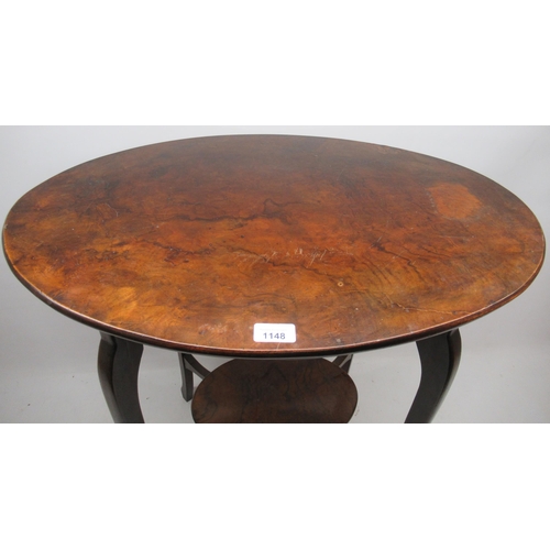 1148 - 20th century figure walnut oval two-tier occasional table on angular cabriole legs, W70cm D50cm H70c... 