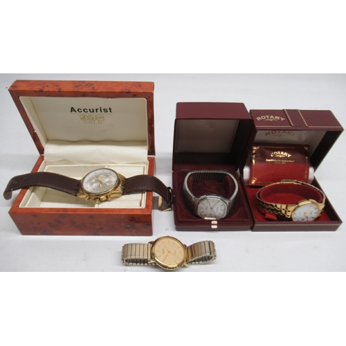 573 - Rotary gold plated quartz wristwatch alarm with date, signed white dial, applied baton indices, cent... 