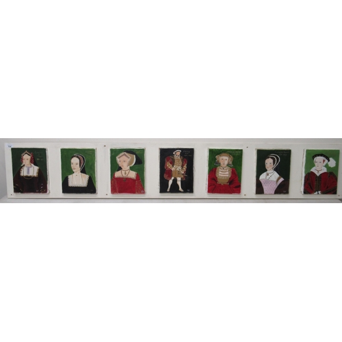 706A - Portraits of Henry VIII and his six wives, acrylic on canvas, mounted on board, 29cm x 180cm (procee... 