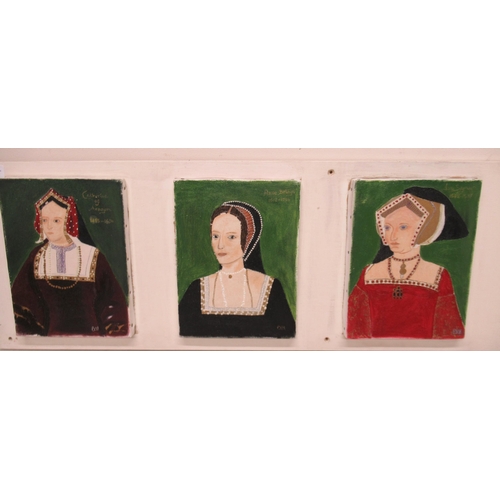 706A - Portraits of Henry VIII and his six wives, acrylic on canvas, mounted on board, 29cm x 180cm (procee... 