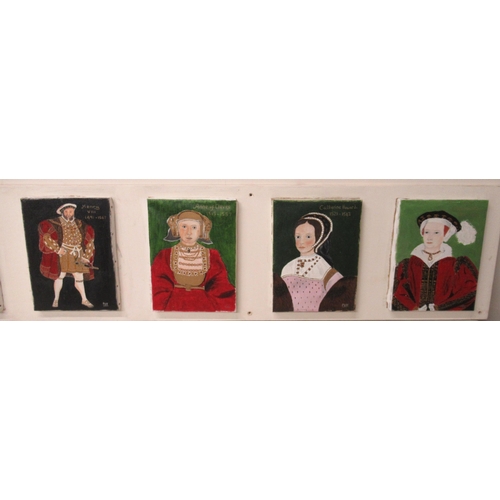 706A - Portraits of Henry VIII and his six wives, acrylic on canvas, mounted on board, 29cm x 180cm (procee... 