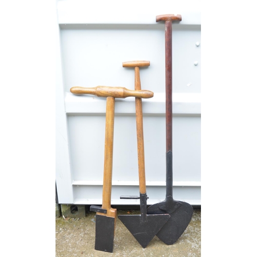 358 - Vintage peat cutter with two traditional Lincolnshire edging tools