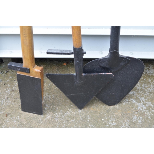 358 - Vintage peat cutter with two traditional Lincolnshire edging tools