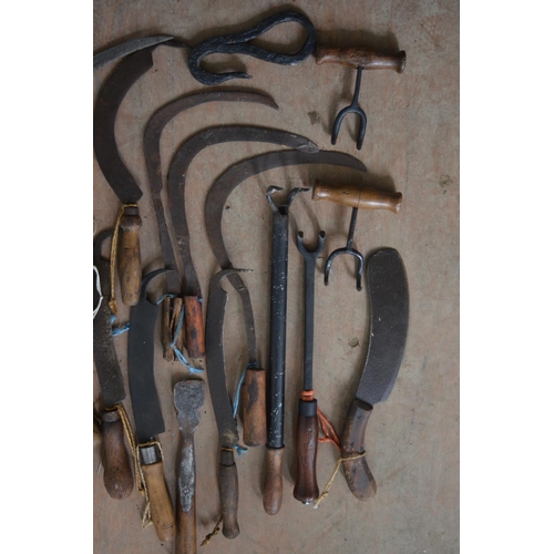 373 - Collection of vintage farming tools, including swaps, billhooks, sickles, bale hooks etc.