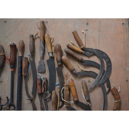 373 - Collection of vintage farming tools, including swaps, billhooks, sickles, bale hooks etc.