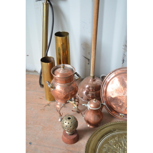 375 - Collection of vintage brass and copperware to include 2 bed warmers, small copper kettle, 2 spent br... 