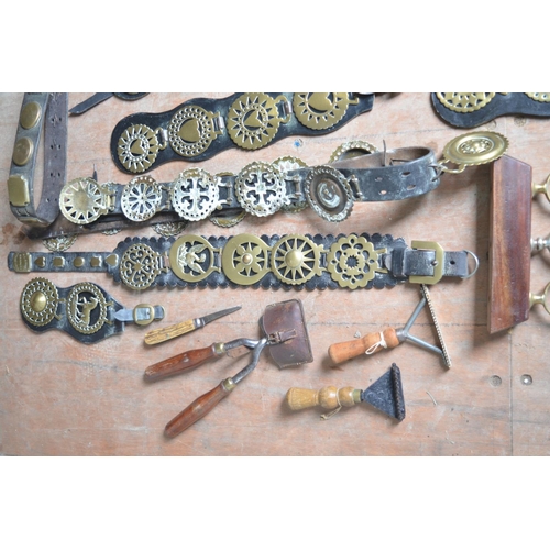 376 - Collection of horse brassware, clippers, curry combs, a hoof pick etc.