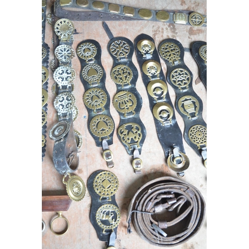 376 - Collection of horse brassware, clippers, curry combs, a hoof pick etc.