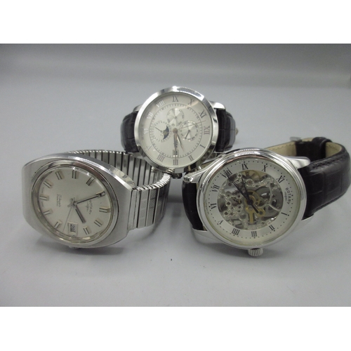 531 - Rotary chrome automatic wristwatch, signed skeletonised dial, Roman chapter ring, centre seconds, si... 