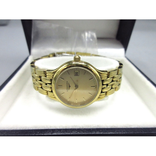 536 - Ladies Longines gold plated quartz wristwatch with date, signed gold tone dial, applied baton indice... 