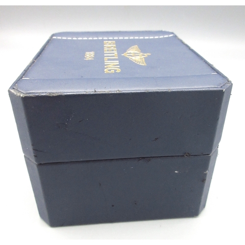 575 - 1990's Breitling blue leather watch box with watch tag and International Warranty, W13cm