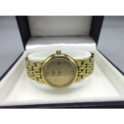 536 - Ladies Longines gold plated quartz wristwatch with date, signed gold tone dial, applied baton indice... 