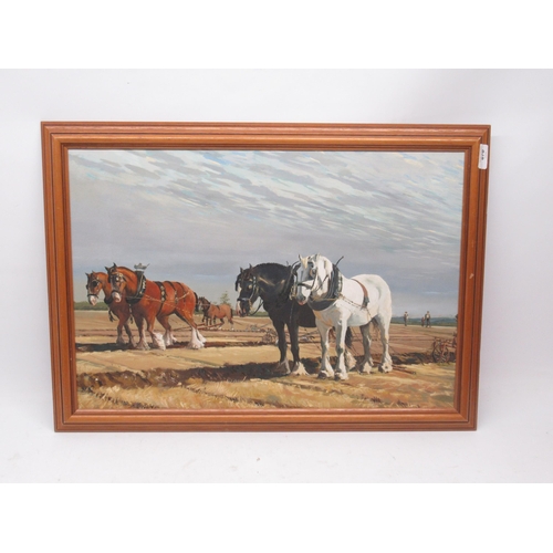 656 - Angell (British, 20th century); Group of Heavy Horses - Ploughing Scene at Rempstone Leicester, oil ... 