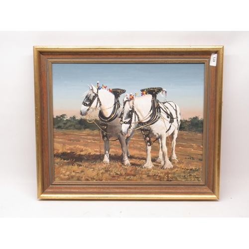 657 - Angell (British, 20th century); Pair of Grey Heavy Horses - Ploughing Scene at Rempstone Leicester, ... 