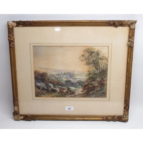 662 - English School (19th century); Extensive landscape with castle in a wooded valley, 24cm x 34cm