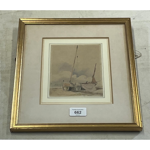 666 - English School (19th century); 'Sailing boat on shore' study of a beached fishing boat, watercolour,... 