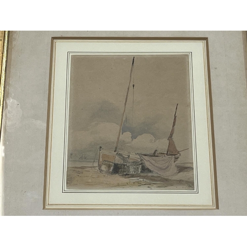 666 - English School (19th century); 'Sailing boat on shore' study of a beached fishing boat, watercolour,... 