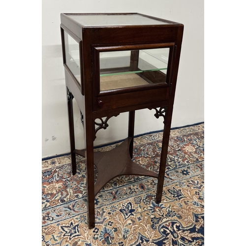 1147 - Georgian mahogany square washstand, converted to a display cabinet, on square supports with undertie... 