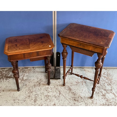 1145 - Victorian walnut sewing table with fitted interior and side drawer on turned supports with stretcher... 