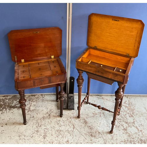 1145 - Victorian walnut sewing table with fitted interior and side drawer on turned supports with stretcher... 