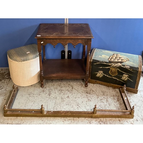 1146 - Carved oak two-tier side table, dome top trunk, painted with a Galleon, lloyd loom type linen basket... 