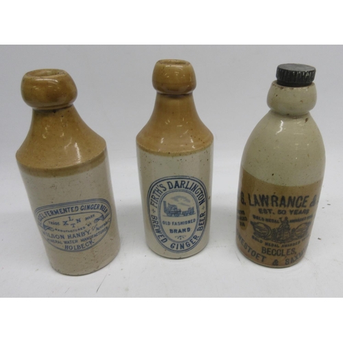 213A - Three stoneware ginger beer bottles, including Firth's of Darlington and H. G. Lawrence and Sons