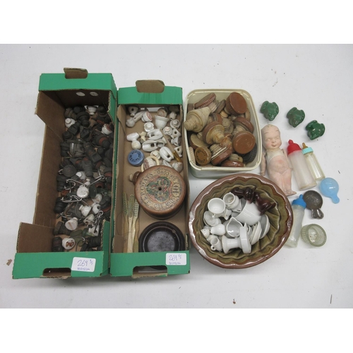 269 - Qty of ceramic and other items, including stoneware bottle lids, a ceramic baby doll, bone handled t... 