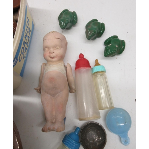 269 - Qty of ceramic and other items, including stoneware bottle lids, a ceramic baby doll, bone handled t... 