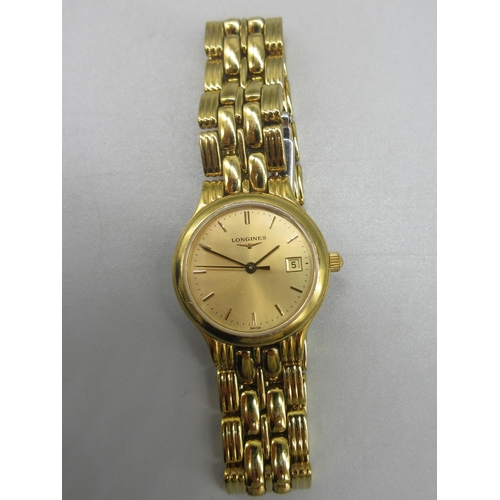 536 - Ladies Longines gold plated quartz wristwatch with date, signed gold tone dial, applied baton indice... 