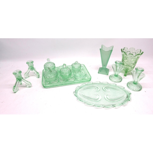 82 - Collection of c1930s Bagley and other uranium glass, incl. dressing table pots and trays, candlestic... 