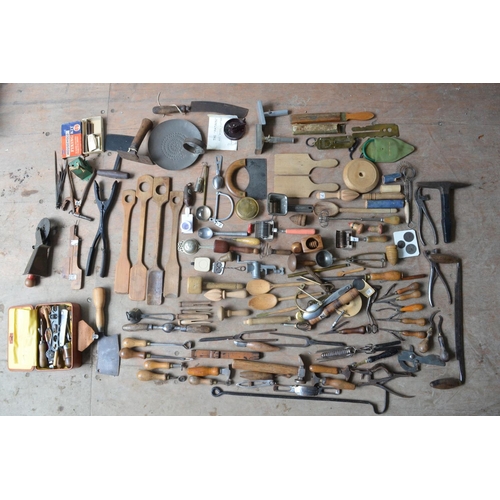 382 - Extensive collection of vintage tools, kitchen implements, leather working tools etc. Qty