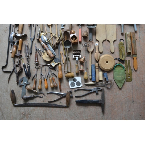 382 - Extensive collection of vintage tools, kitchen implements, leather working tools etc. Qty