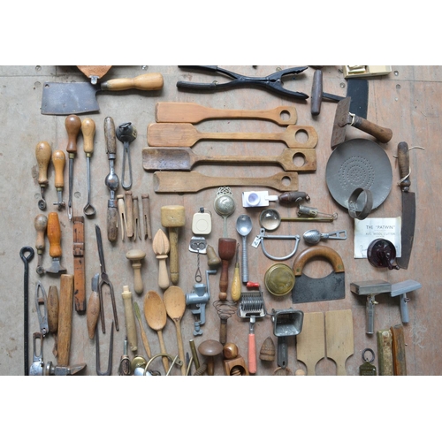 382 - Extensive collection of vintage tools, kitchen implements, leather working tools etc. Qty