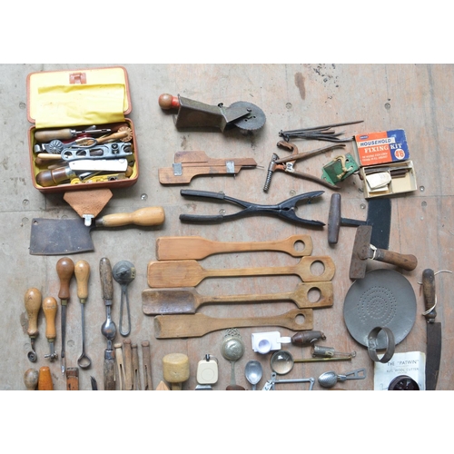 382 - Extensive collection of vintage tools, kitchen implements, leather working tools etc. Qty