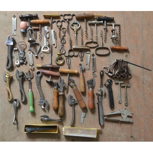 384 - Collection of vintage corkscrews, bottle openers and can openers. Qty