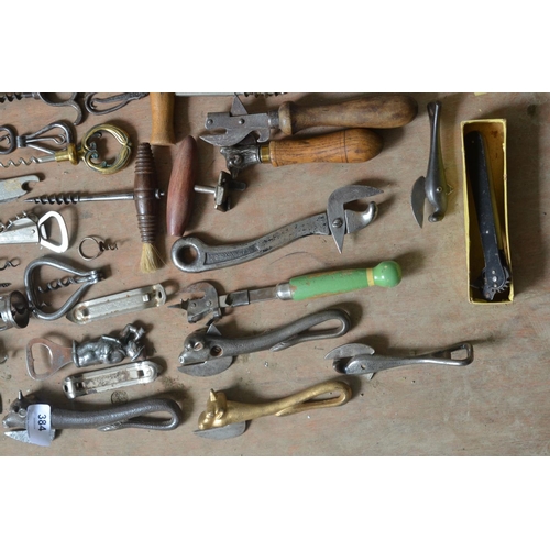 384 - Collection of vintage corkscrews, bottle openers and can openers. Qty