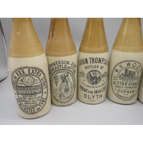 203 - Six North Eastern related stoneware ginger / stout pictorial bottles, including Doctors Stout (hairl... 