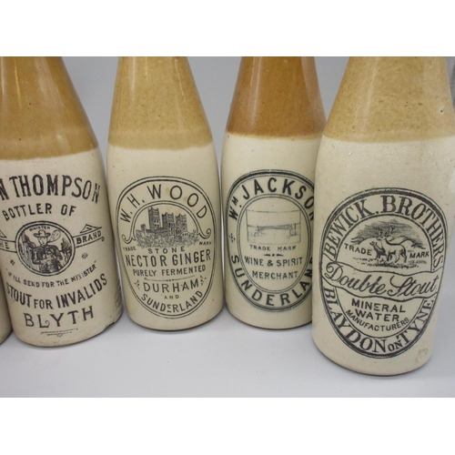 203 - Six North Eastern related stoneware ginger / stout pictorial bottles, including Doctors Stout (hairl... 