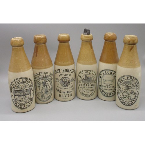 203 - Six North Eastern related stoneware ginger / stout pictorial bottles, including Doctors Stout (hairl... 