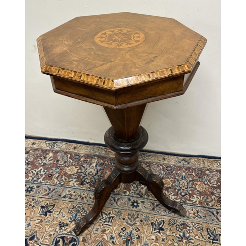 1134 - Victorian inlaid walnut trumpet shaped sewing table, with Tunbridgeware band, fitted interior and th... 