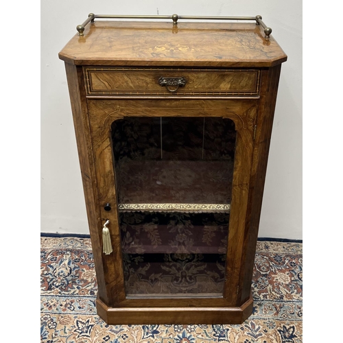 1137 - Victorian inlaid figured walnut side cabinet, brass railed gallery above a drawer and a glazed door ... 