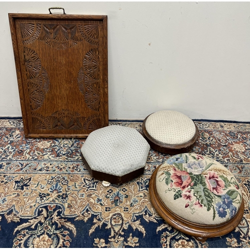 1138 - Victorian circular footstool with woolwork top on bun feet, a similar octagonal footstool with ceram... 