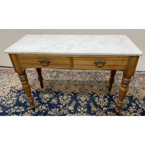 1140 - Victorian ash wash stand with white marble top and two drawers on turned supports, W107cm D48cm H74c... 