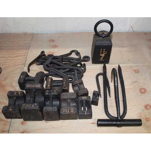 299 - Collection of Shop weights, butchers hook. gate hooks