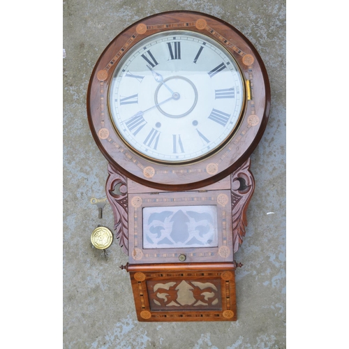 390B - Victorian inlaid walnut drop dial wall clock, with key and weight, a Persian style table and floor s... 