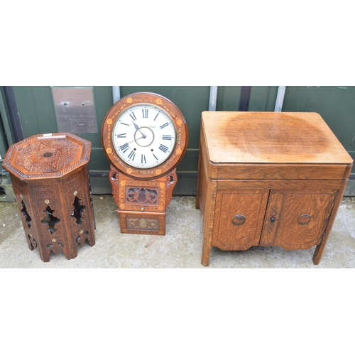 390B - Victorian inlaid walnut drop dial wall clock, with key and weight, a Persian style table and floor s... 