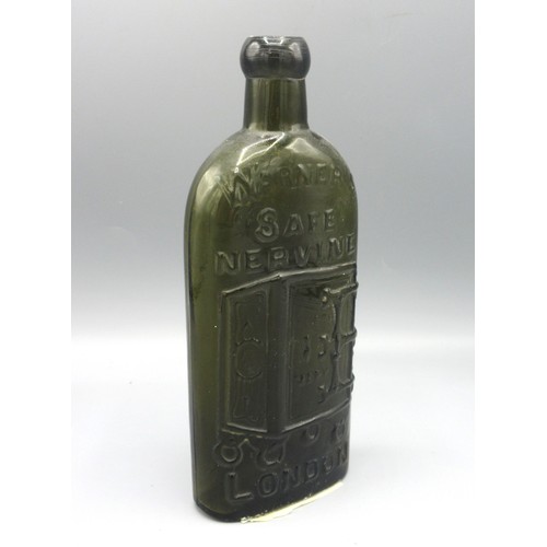 244A - Warner's Safe Cure bottle from London, with embossed text and logo, H18cm