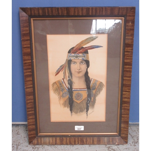 637 - A. L Hurwood (20th century); Portrait of a Native American Indian Squaw, over painted print, 36cm x ... 