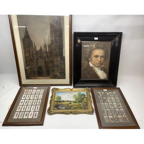 719 - WITHDRAWN Pair of framed cigarette card displays, portrait print of a Regency gentleman, contemporar... 