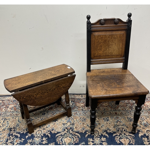 728 - Victorian ebonised and oak hall chair, with panel back and solid seat on turned supports, H92cm and ... 